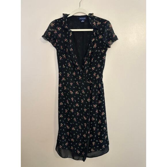 Ann Taylor Dresses & Skirts - Ann Taylor Vintage 90s Floral Midi Black Silk Wrap Dress Whimsy Cottagecore Sz 4